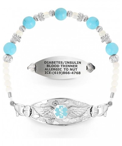 Jen Medical Alert Bracelet for Women with Free Engraving and Pearl & Turquoise Beads –Various Styles/Size Angel Wing-Baby Blu...