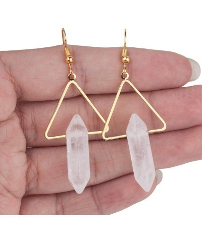 Stone Dangle Drop Earrings for Women, Hexagonal Double Points Healing Crystal Quartz Gold Plated Triangle Earrings with Hook ...