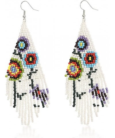 Long Beaded Tassel Earrings Classic Plaid Fringe Drop Earrings Bohemian Handmade Seed Bead Tribal Dangle Earrings White flowe...