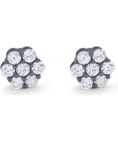 8mm Cluster Earrings 7-Stone Round Cubic Zirconia 925 Sterling Silver Screwback Flower Stud Earring Black Tone, Simulated CZ ...