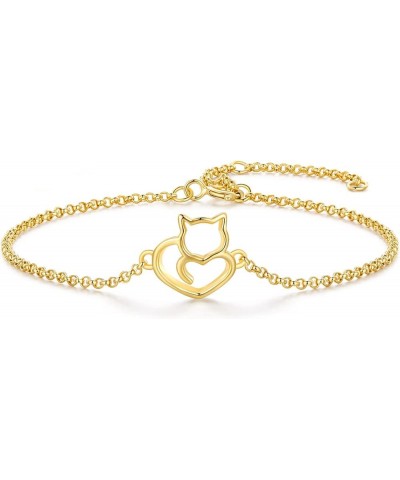 925 Sterling Silver Chain Bracelet with Cat Love Heart Charm Adjustable Plated Gold Bracelets with Chain Length 6.5in-7.9in, ...