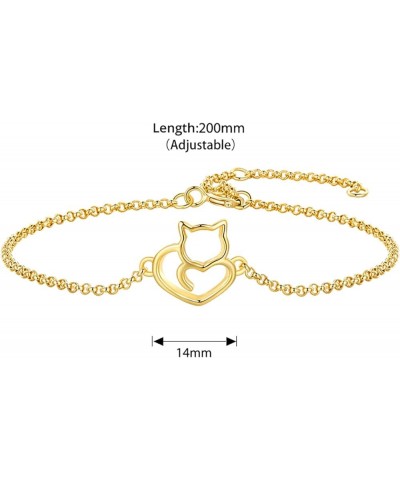 925 Sterling Silver Chain Bracelet with Cat Love Heart Charm Adjustable Plated Gold Bracelets with Chain Length 6.5in-7.9in, ...