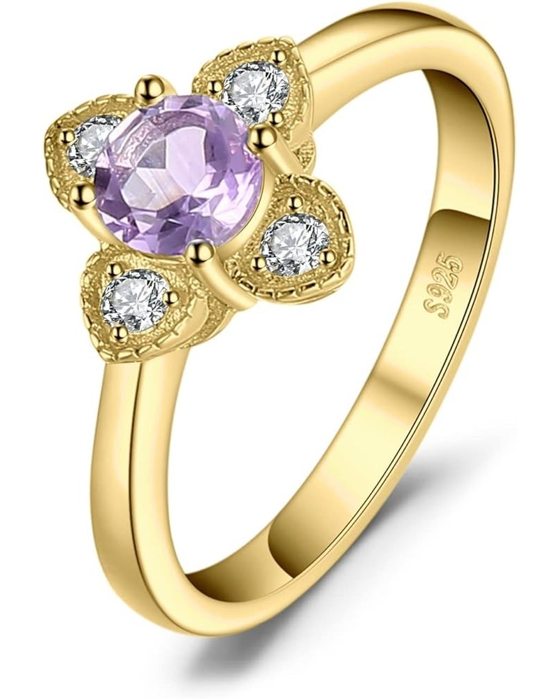 Flower Love Heart Round Cut Genuine Amethyst Ring for Women, Cute 14K White Yellow Rose Gold Plated 925 Sterling Silver Promi...