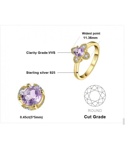 Flower Love Heart Round Cut Genuine Amethyst Ring for Women, Cute 14K White Yellow Rose Gold Plated 925 Sterling Silver Promi...