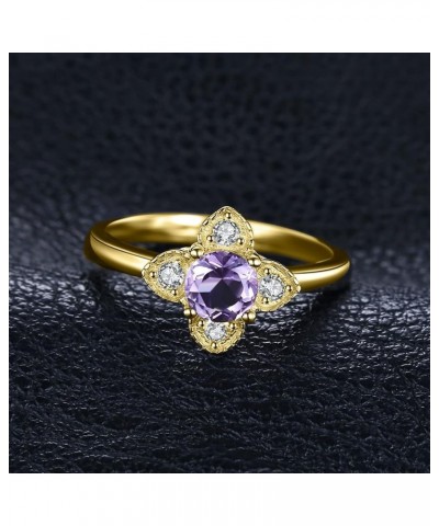 Flower Love Heart Round Cut Genuine Amethyst Ring for Women, Cute 14K White Yellow Rose Gold Plated 925 Sterling Silver Promi...