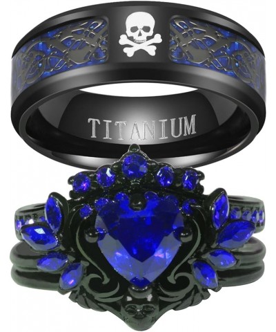 Couple Rings Matching Rings Black Wings Skull Ring 1.5ct Red CZ Womens Wedding Ring Sets Punk Ring Blue women size7 & men siz...