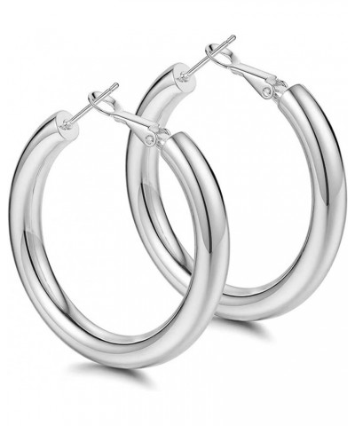 925 Sterling Silver Post Chunky Gold Hoop Earrings, 14K Gold Plated Earrings for Women Lightweight Hollow Tube 25mm-70mm Silv...