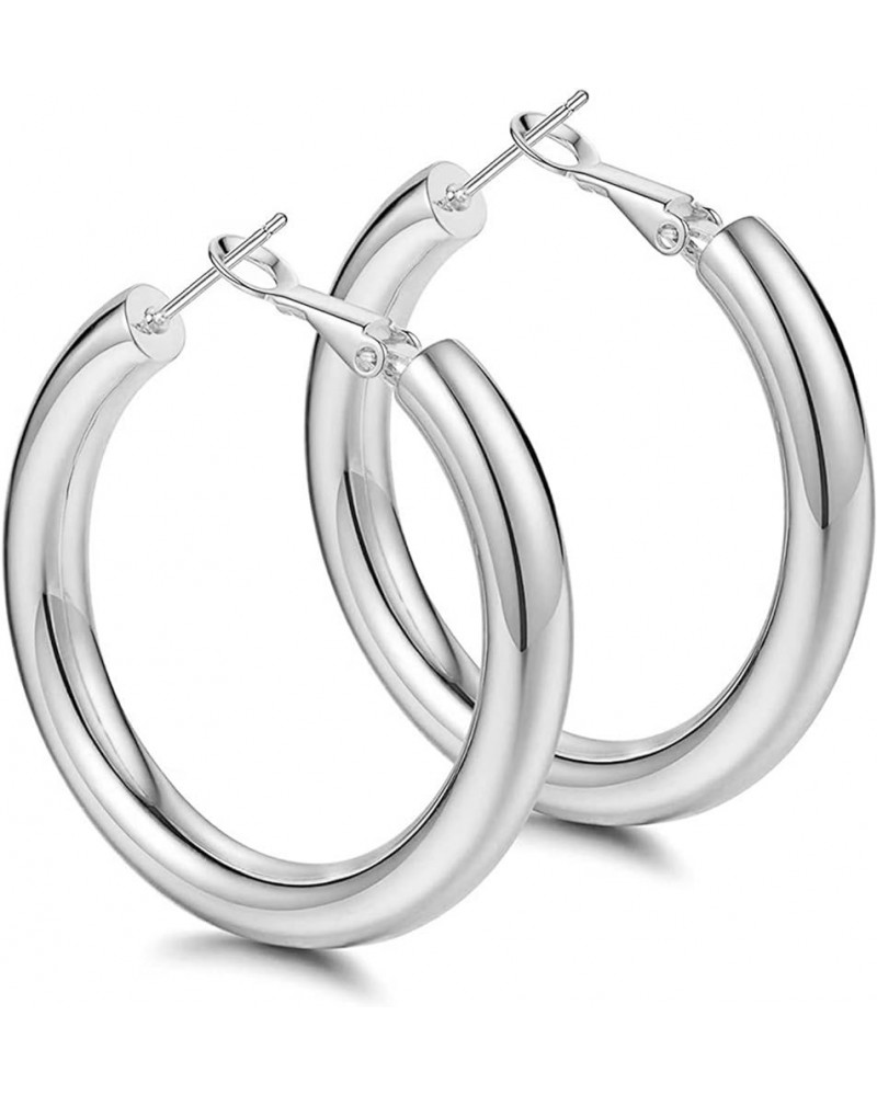 925 Sterling Silver Post Chunky Gold Hoop Earrings, 14K Gold Plated Earrings for Women Lightweight Hollow Tube 25mm-70mm Silv...