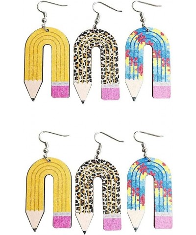 3/4 Pairs Teacher Dangle Earrings Set Colorful Leopard Pencil Ruler Shape Resin Acrylic Earrings Back to School Jewelry for W...