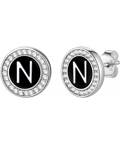 Sterling Silver Initial Letter Round Stud Earrings with Cubic Zirconia Diamonds Allergy Free Black Alphabet A to Z Capital St...