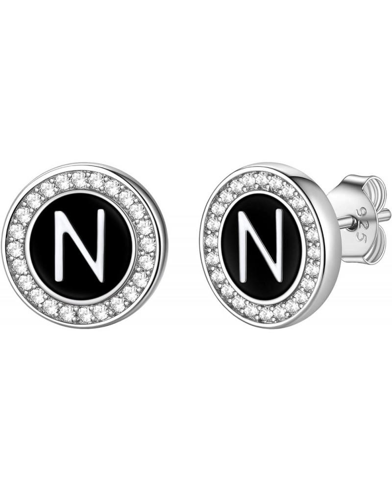 Sterling Silver Initial Letter Round Stud Earrings with Cubic Zirconia Diamonds Allergy Free Black Alphabet A to Z Capital St...