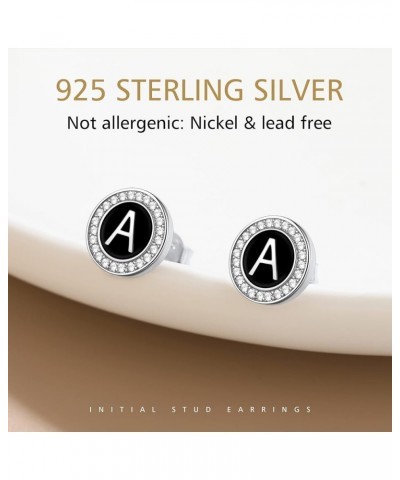 Sterling Silver Initial Letter Round Stud Earrings with Cubic Zirconia Diamonds Allergy Free Black Alphabet A to Z Capital St...