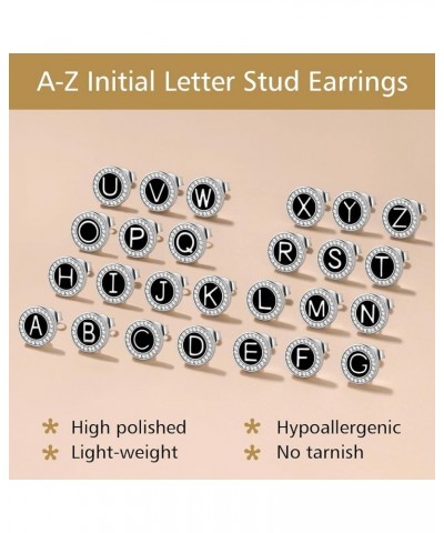 Sterling Silver Initial Letter Round Stud Earrings with Cubic Zirconia Diamonds Allergy Free Black Alphabet A to Z Capital St...