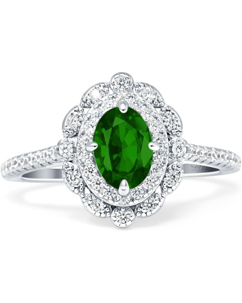 Floral Art Deco Oval Shape Vintage Style Halo Wedding Engagement Ring Cubic Zirconia 925 Sterling Silver Simulated Green Emer...